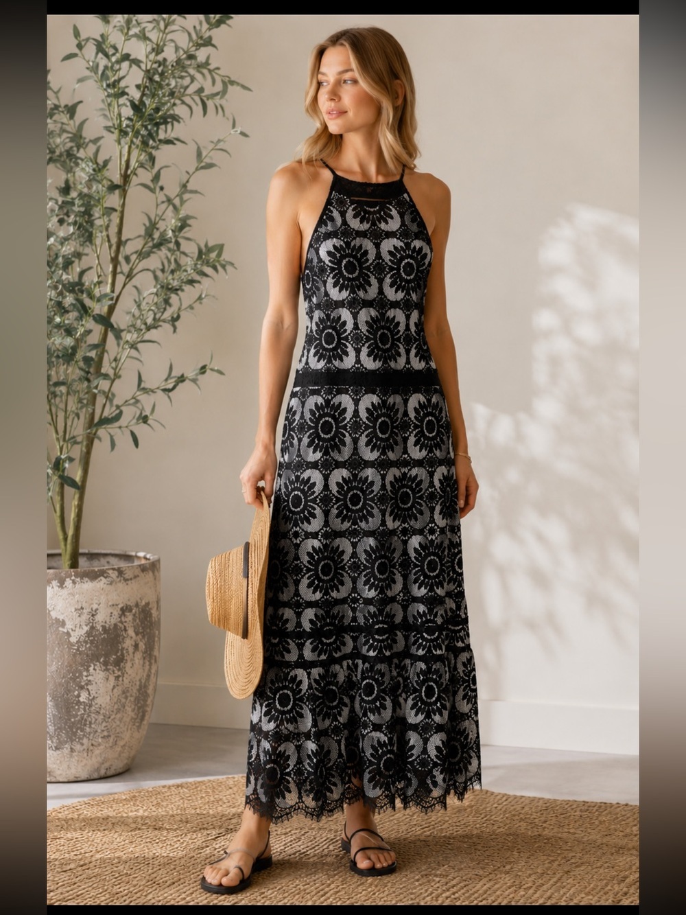 NWT Banana Republic Floral Lace Overlay Halter Maxi Tiered Dress - Black & White